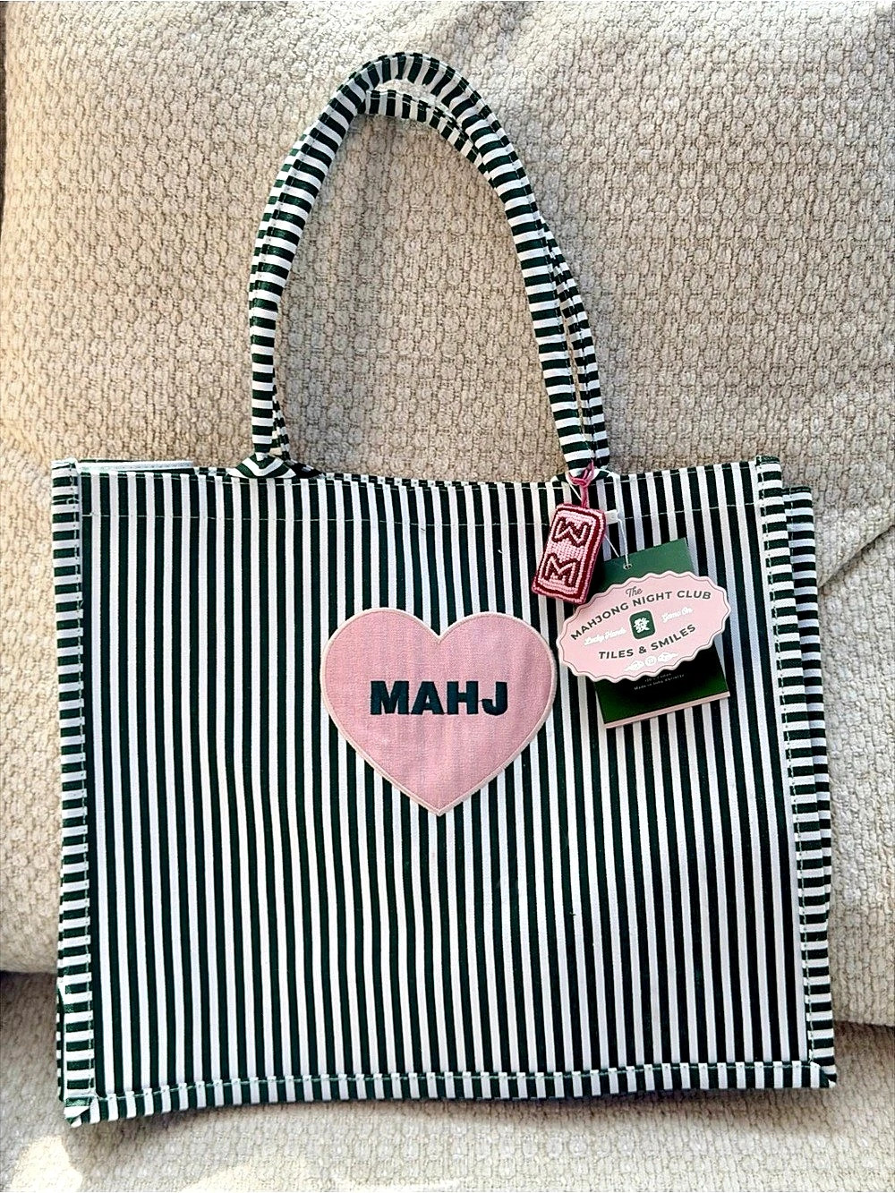 Mahjong Tote Bag Canvas Green White Striped Beaded Bag Charm Pink Heart Mahj NWT